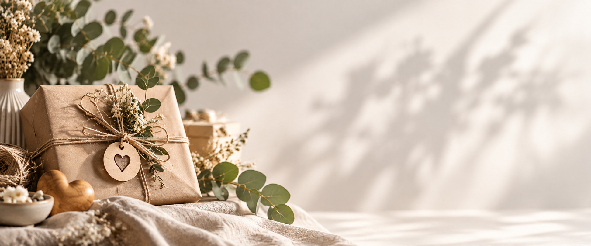 Verpacktes Geschenk mit Kraftpapier, Naturband, Eukalyptus und Holzherz